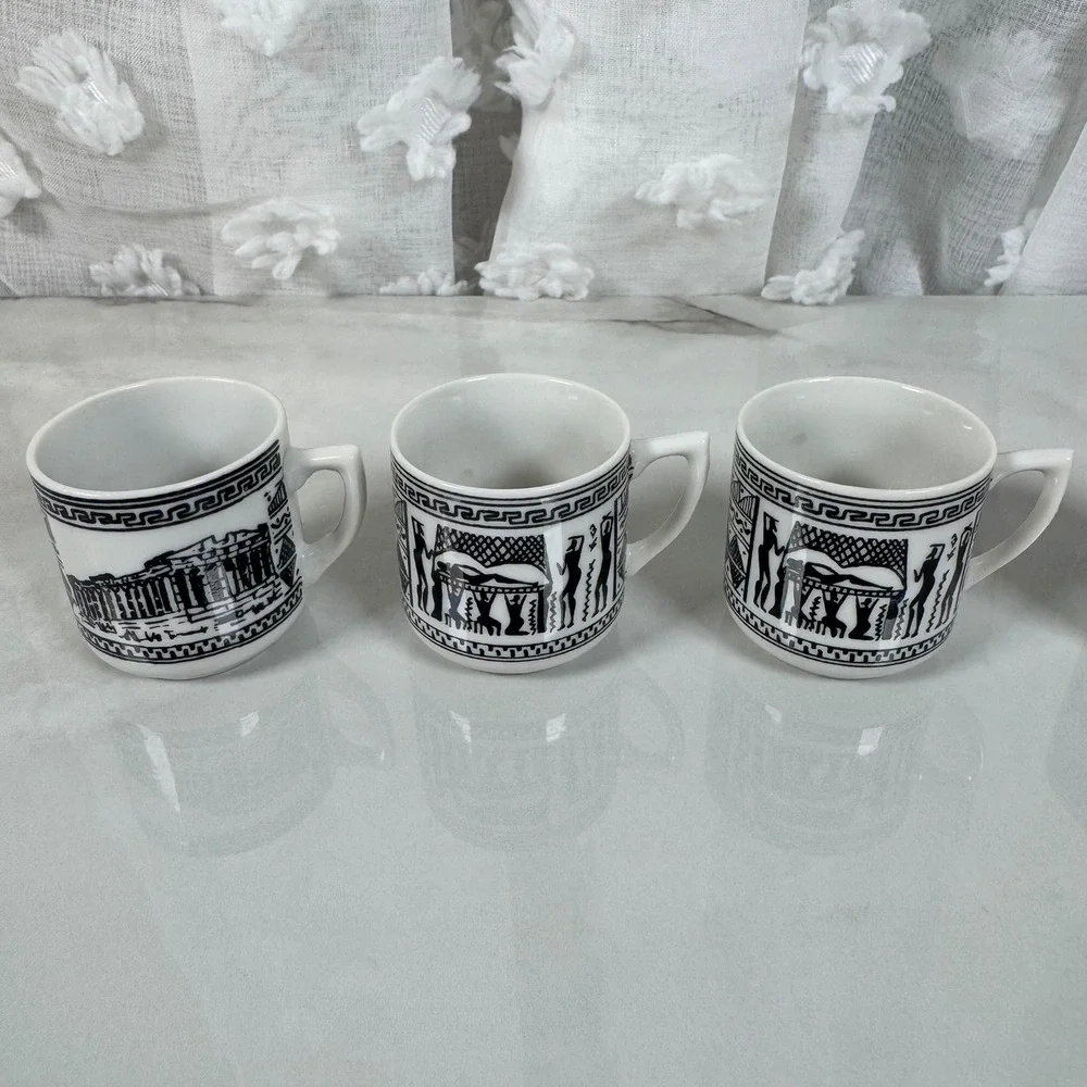 Vintage Greek Black and White Demitasse Cups and Saucers Set Greek Key Parthenon